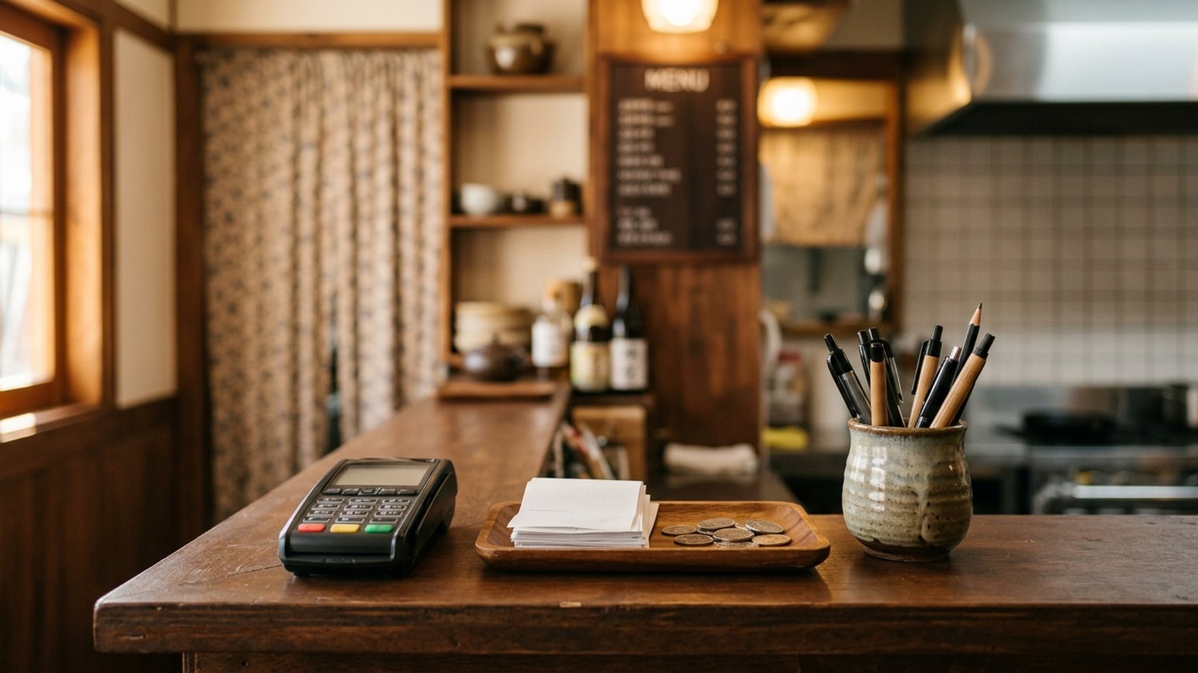 韓国の食堂のレジカウンターとカード決済端末